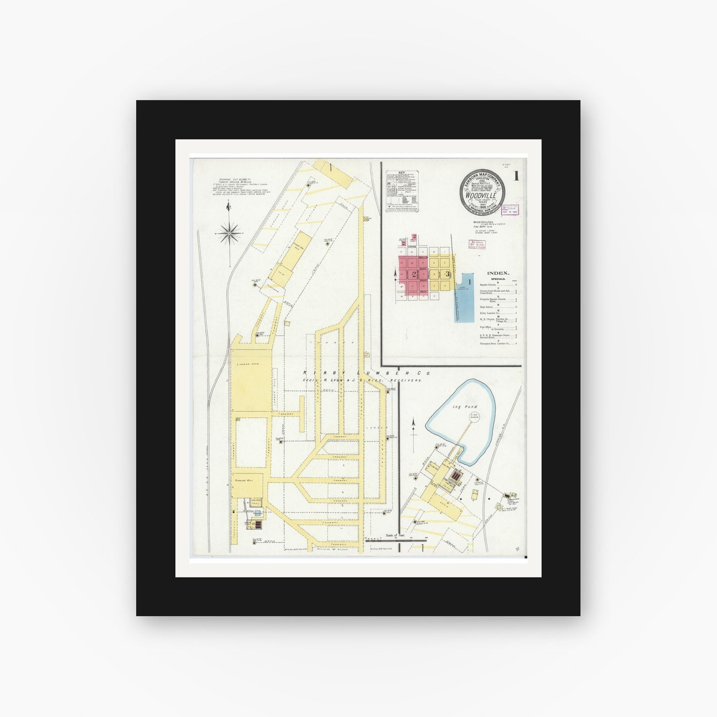 Old map wall art mockup — black gallery frame with white mat — Sanborn Fire Insurance Map from Wolfe City, Hunt County, Texas (1909) - Complete Map Set