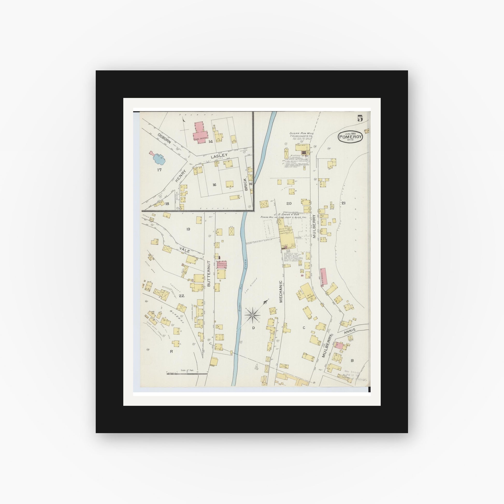 Old map wall art mockup — black gallery frame with white mat — Sanborn Fire Insurance Map from Pomeroy, Meigs County, Ohio (1893), Sheet #0005