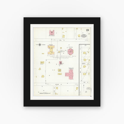 Old map wall art mockup — black gallery frame with white mat — Sanborn Fire Insurance Map from Denton, Denton County, Texas (1912), Sheet #0023