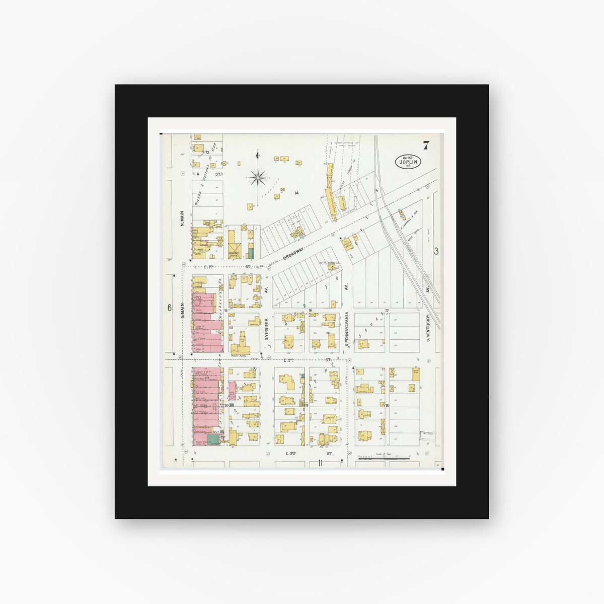 Old map wall art mockup — black gallery frame with white mat — Sanborn Fire Insurance Map from Joplin, Jasper County, Missouri (1900), Sheet #0007