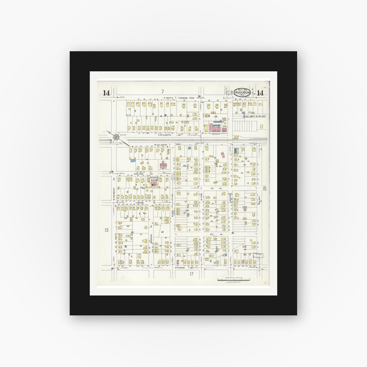 Old map wall art mockup — black gallery frame with white mat — Sanborn Fire Insurance Map from Audubon, Camden County, New Jersey (1924), Sheet #0014