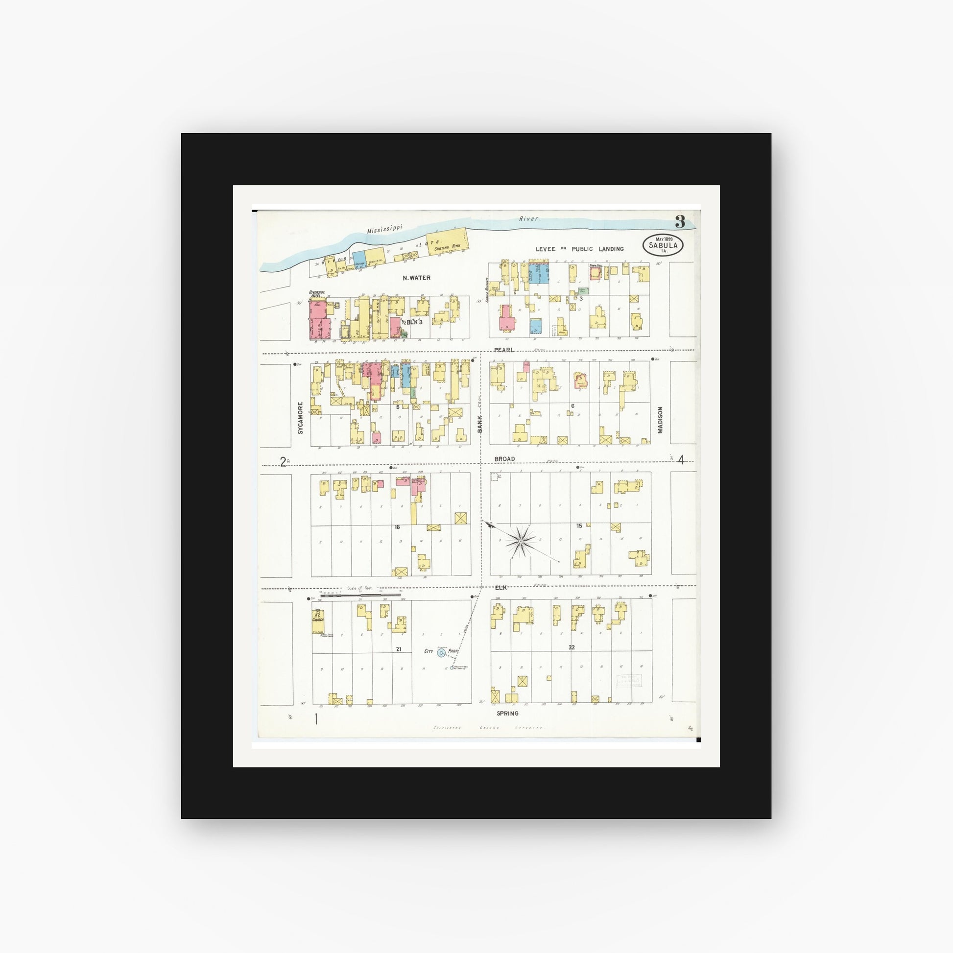 Old map wall art mockup — black gallery frame with white mat — Sanborn Fire Insurance Map from Sabula, Jackson County, Iowa (1899), Sheet #0003