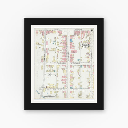 Old map wall art mockup — black gallery frame with white mat — Sanborn Fire Insurance Map from Gettysburg, Adams County, Pennsylvania (1891), Sheet #0002