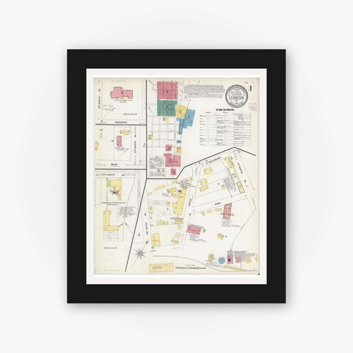 Old map wall art mockup — black gallery frame with white mat — Sanborn Fire Insurance Map from Lexington, Davidson County, North Carolina (1907), Sheet #0001