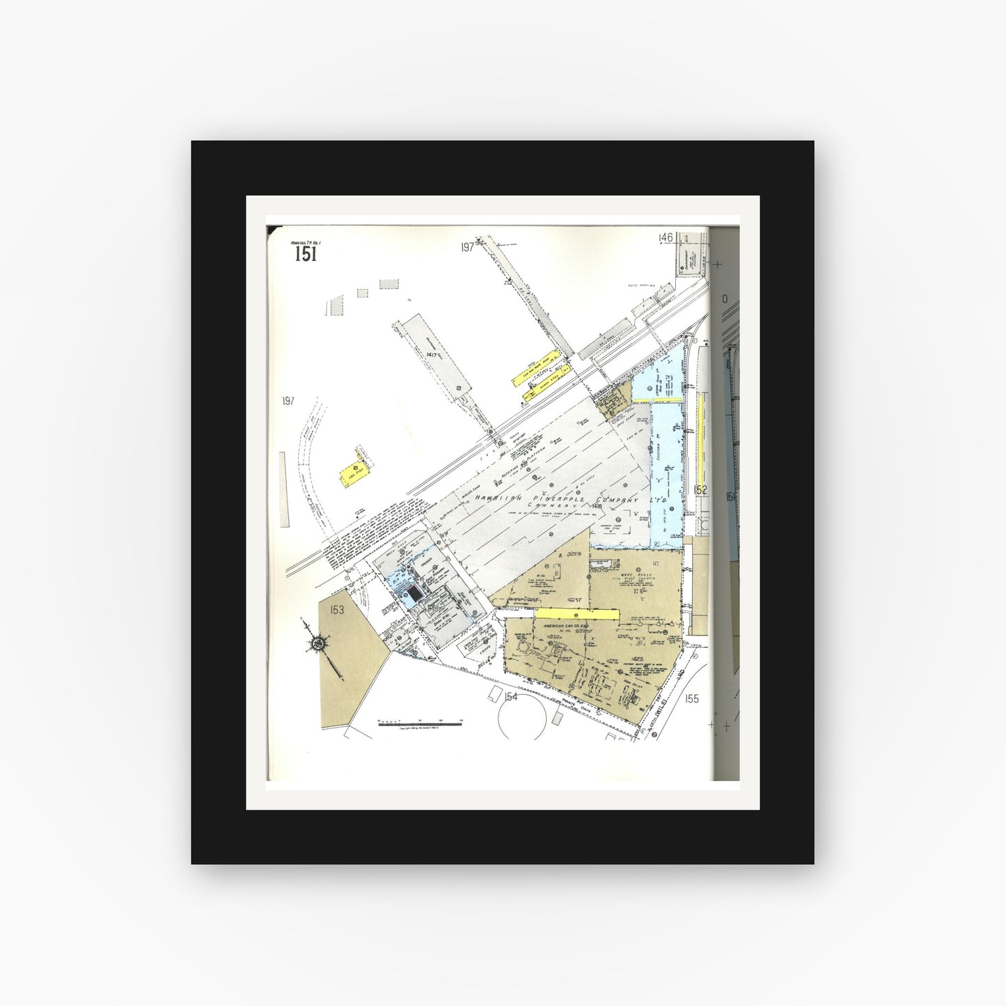 Old map wall art mockup — black gallery frame with white mat — Sanborn Fire Insurance Map from Honolulu, Oahu County, Hawaii (1955), Sheet #0151