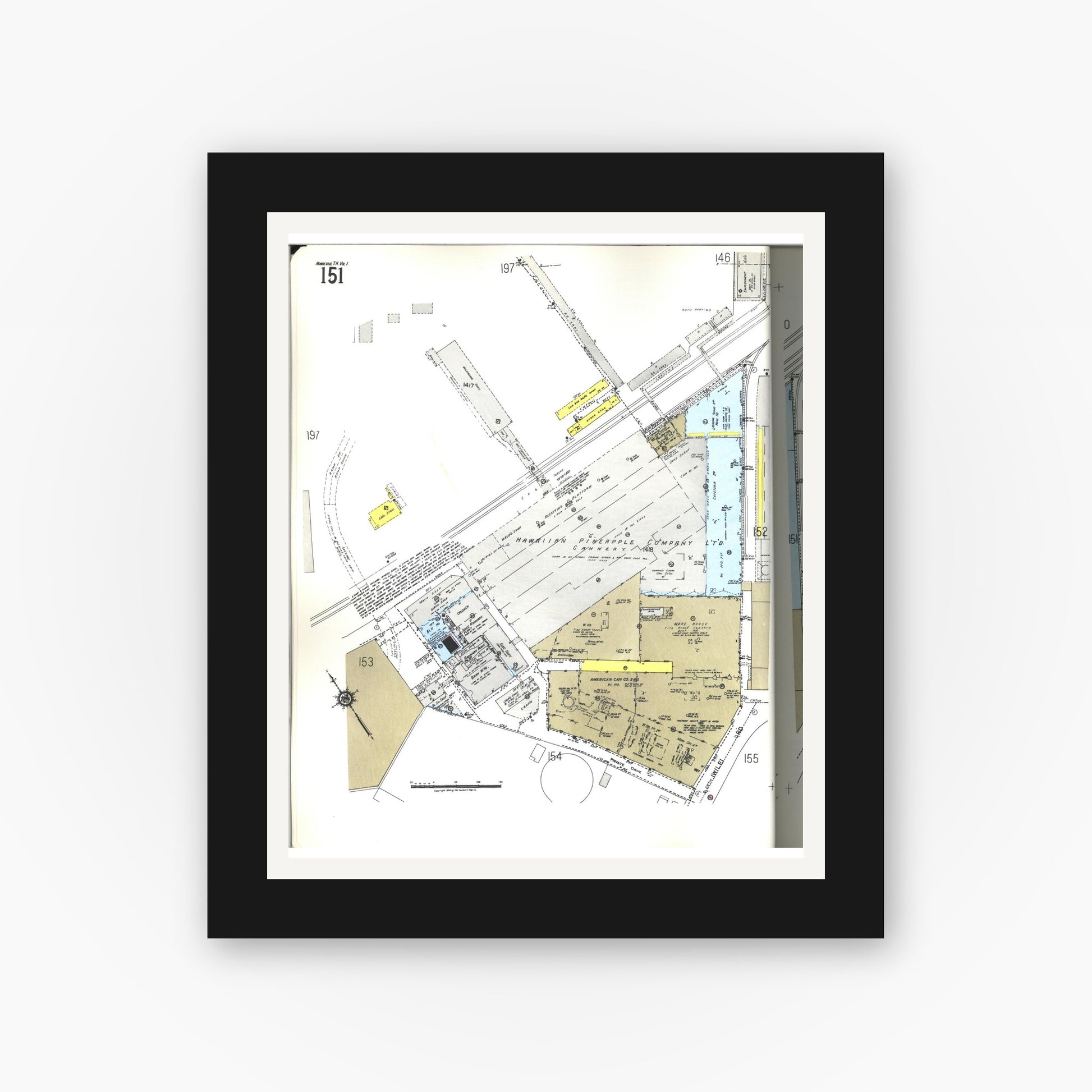 Old map wall art mockup — black gallery frame with white mat — Sanborn Fire Insurance Map from Honolulu, Oahu County, Hawaii (1955), Sheet #0151