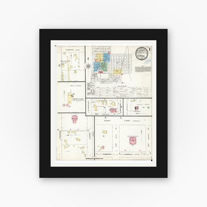 Old map wall art mockup — black gallery frame with white mat — Sanborn Fire Insurance Map from Clarinda, Page County, Iowa (1898), Sheet #0001