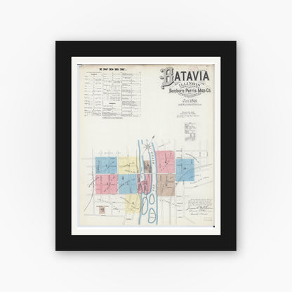 Old map wall art mockup — black gallery frame with white mat — Sanborn Fire Insurance Map from Batavia, Kane County, Illinois (1891) - Complete Map Set