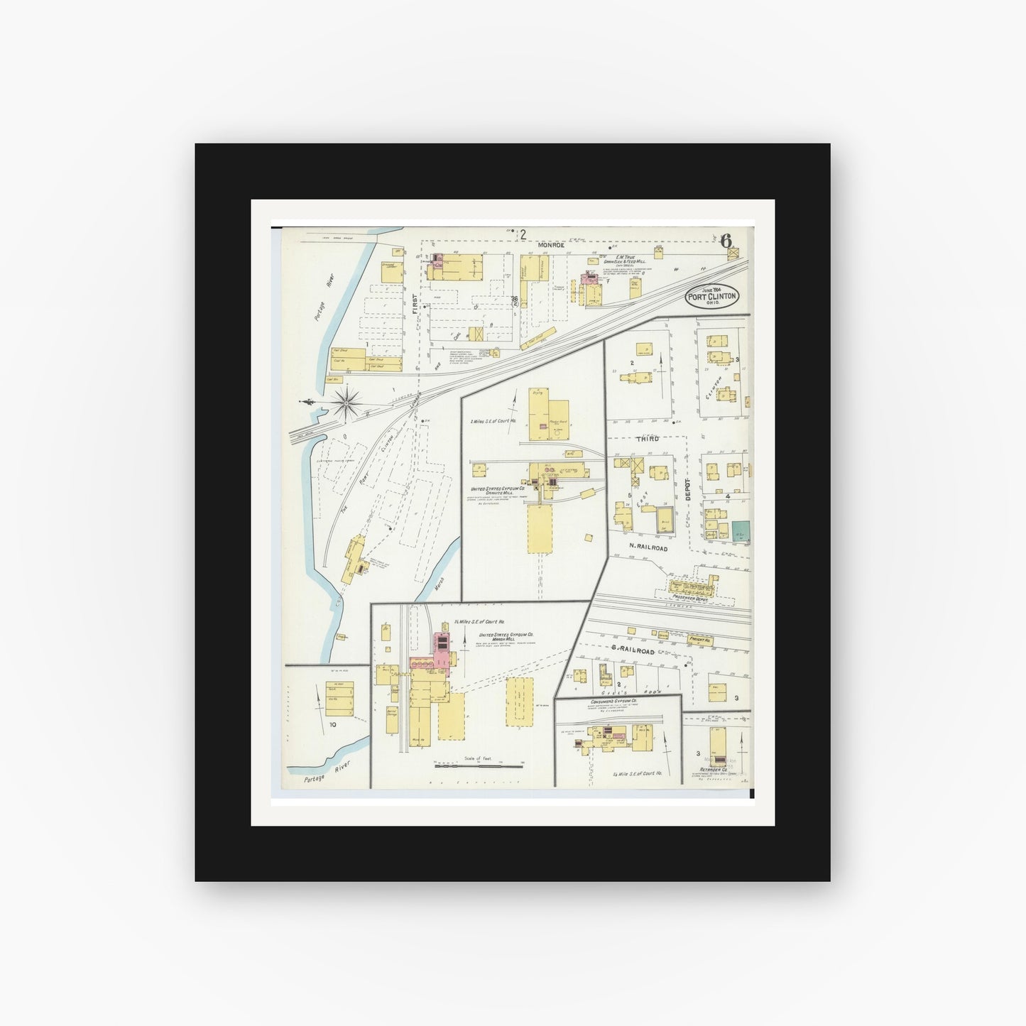 Old map wall art mockup — black gallery frame with white mat — Sanborn Fire Insurance Map from Port Clinton, Ottawa County, Ohio (1904), Sheet #0006
