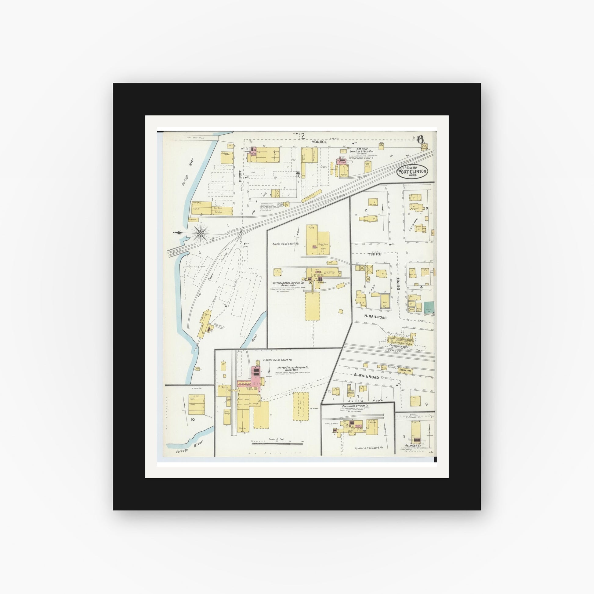 Old map wall art mockup — black gallery frame with white mat — Sanborn Fire Insurance Map from Port Clinton, Ottawa County, Ohio (1904), Sheet #0006