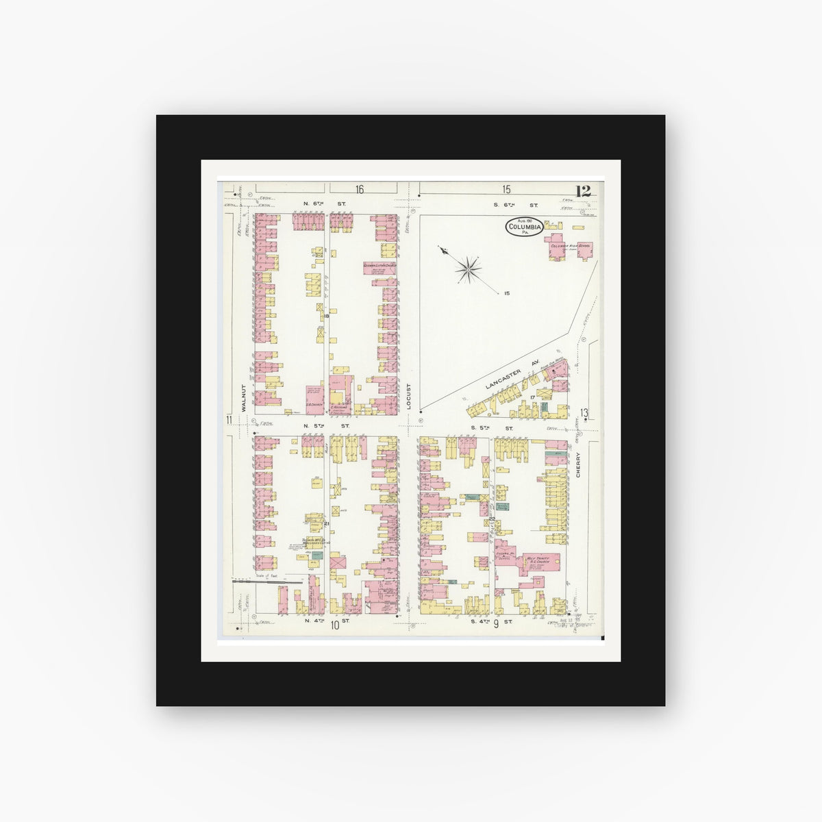 Old map wall art mockup — black gallery frame with white mat — Sanborn Fire Insurance Map from Columbia, Lancaster County, Pennsylvania (1909), Sheet #0012