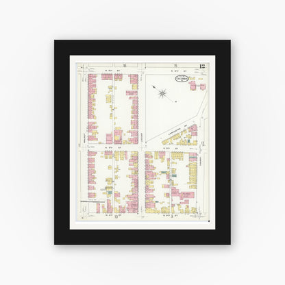 Old map wall art mockup — black gallery frame with white mat — Sanborn Fire Insurance Map from Columbia, Lancaster County, Pennsylvania (1909), Sheet #0012
