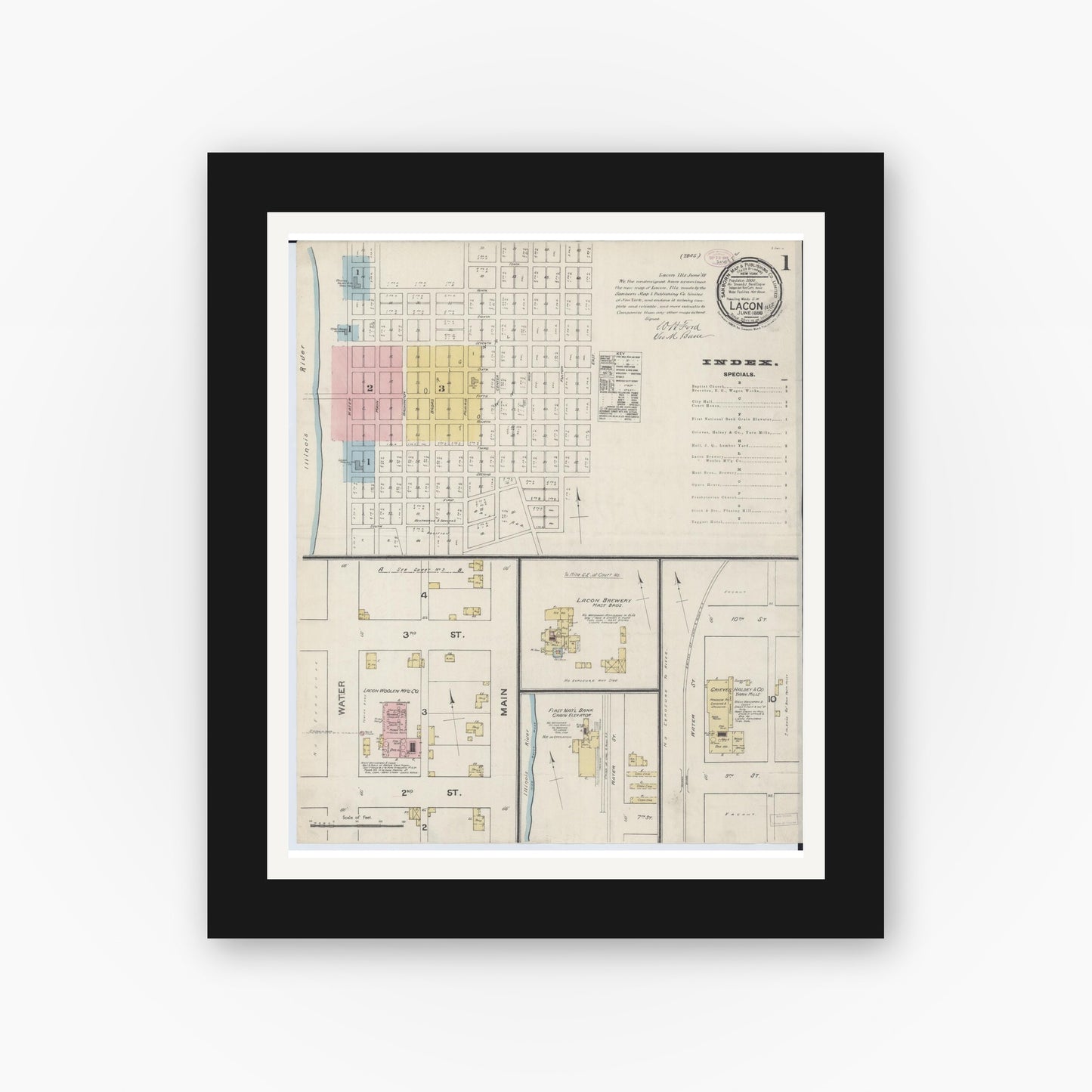 Old map wall art mockup — black gallery frame with white mat — Sanborn Fire Insurance Map from Lacon, Marshall County, Illinois (1888), Sheet #0001