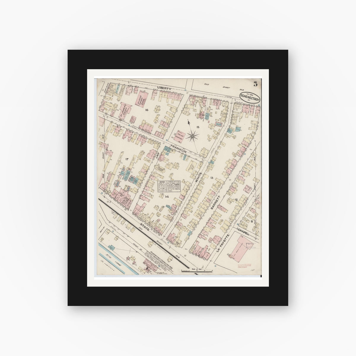 Old map wall art mockup — black gallery frame with white mat — Sanborn Fire Insurance Map from Schenectady, Schenectady County, New York (1884), Sheet #0005