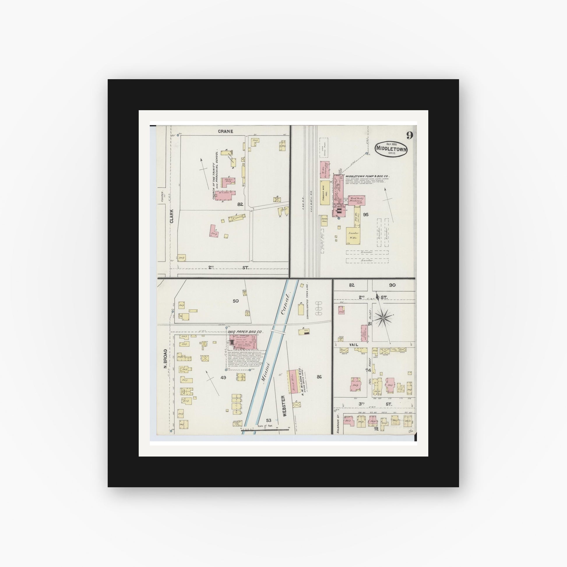 Old map wall art mockup — black gallery frame with white mat — Sanborn Fire Insurance Map from Middletown, Butler County, Ohio (1890), Sheet #0009