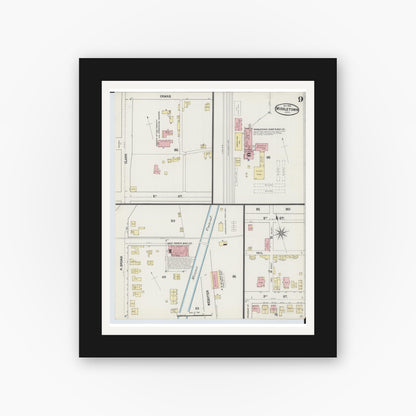 Old map wall art mockup — black gallery frame with white mat — Sanborn Fire Insurance Map from Middletown, Butler County, Ohio (1890), Sheet #0009