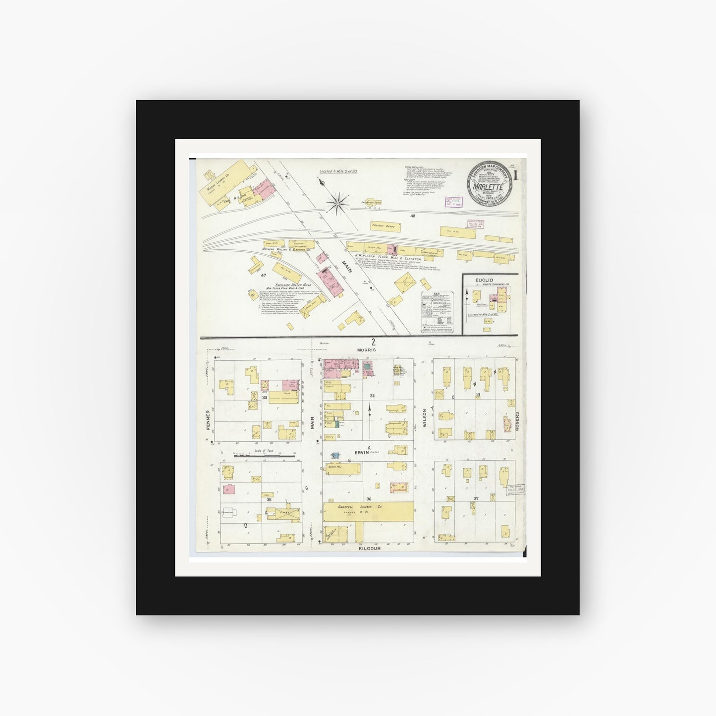 Old map wall art mockup — black gallery frame with white mat — Sanborn Fire Insurance Map from Marlette, Sanilac County, Michigan (1909) - Complete Map Set
