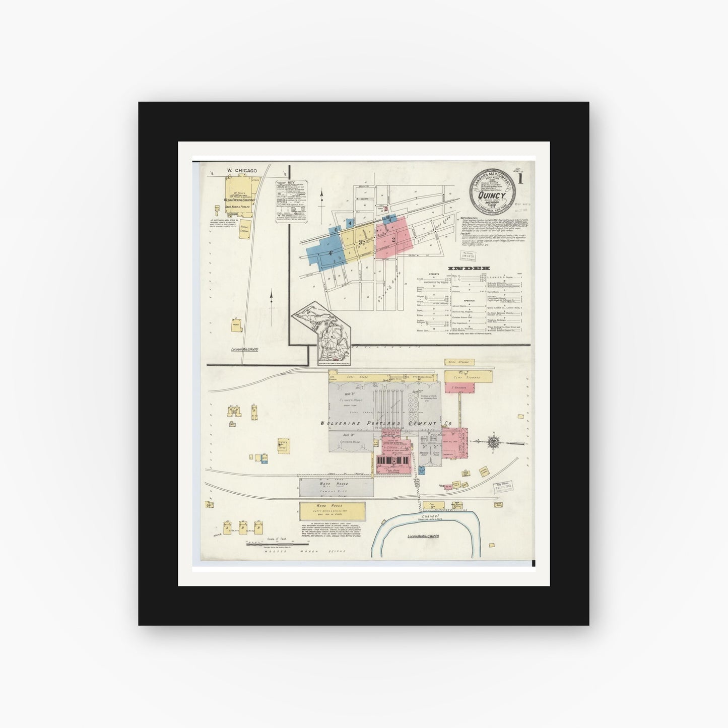 Old map wall art mockup — black gallery frame with white mat — Sanborn Fire Insurance Map from Quincy, Branch County, Michigan (1919), Sheet #0001