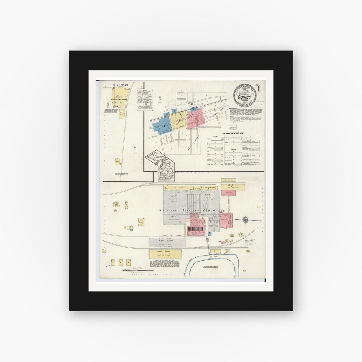 Old map wall art mockup — black gallery frame with white mat — Sanborn Fire Insurance Map from Quincy, Branch County, Michigan (1919), Sheet #0001