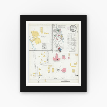 Old map wall art mockup — black gallery frame with white mat — Sanborn Fire Insurance Map from Milton, Norfolk County, Massachusetts (1901), Sheet #0001