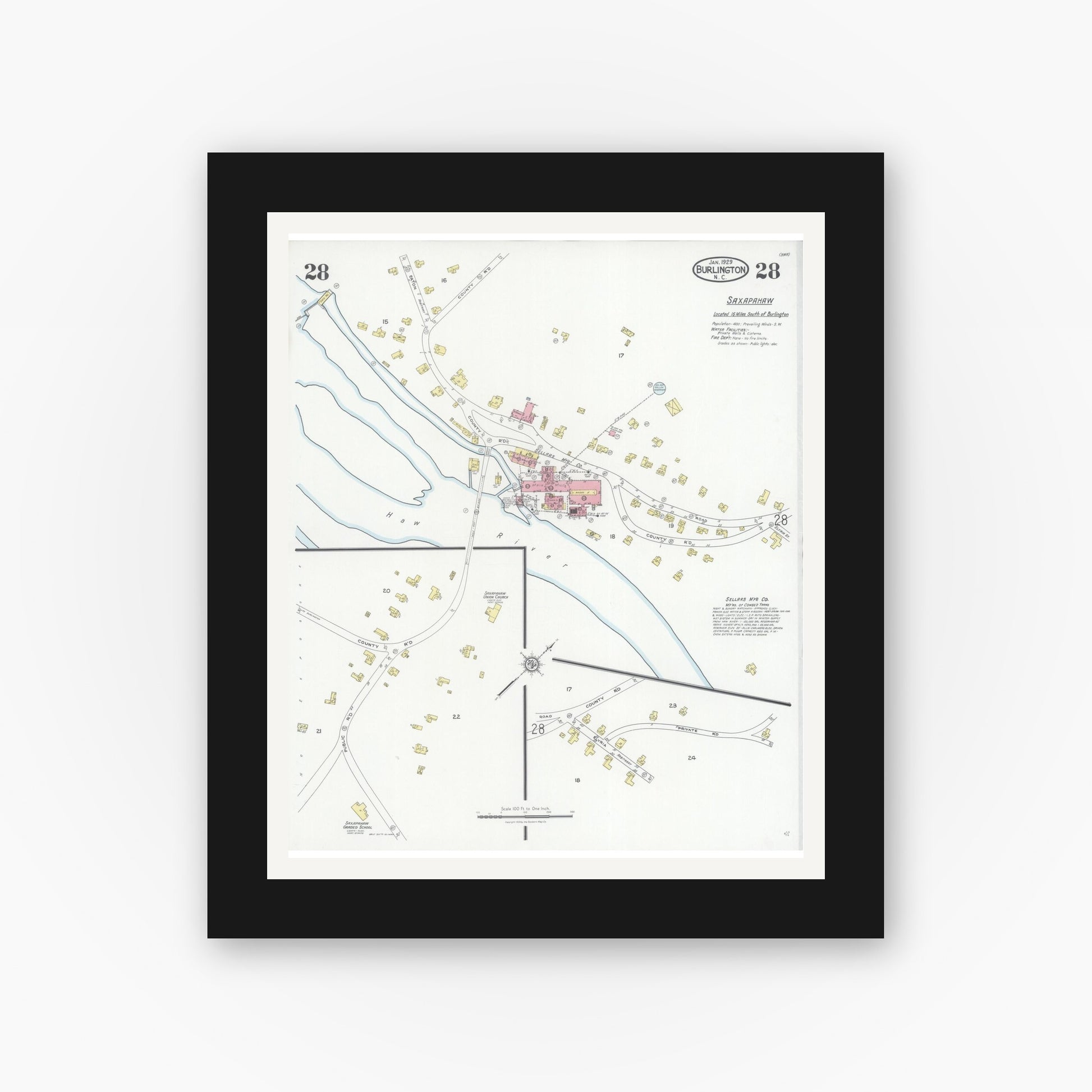 Old map wall art mockup — black gallery frame with white mat — Sanborn Fire Insurance Map from Burlington, Alamance County, North Carolina (1929), Sheet #0028