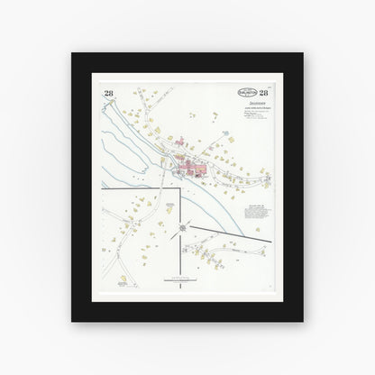 Old map wall art mockup — black gallery frame with white mat — Sanborn Fire Insurance Map from Burlington, Alamance County, North Carolina (1929), Sheet #0028