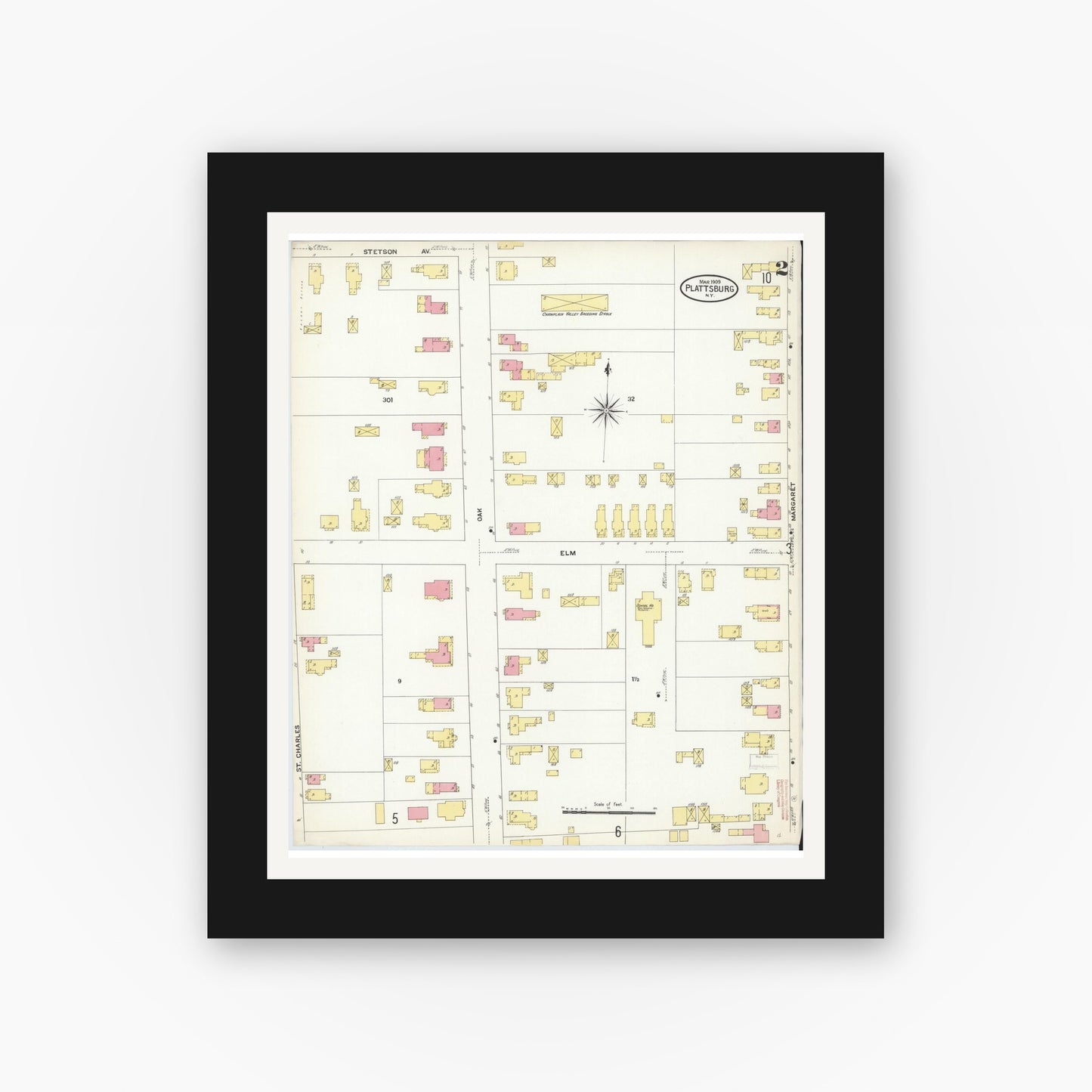 Old map wall art mockup — black gallery frame with white mat — Sanborn Fire Insurance Map from Plattsburg, Clinton County, New York (1909) - Complete Map Set