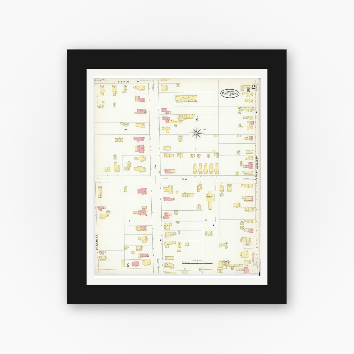 Old map wall art mockup — black gallery frame with white mat — Sanborn Fire Insurance Map from Plattsburg, Clinton County, New York (1909) - Complete Map Set