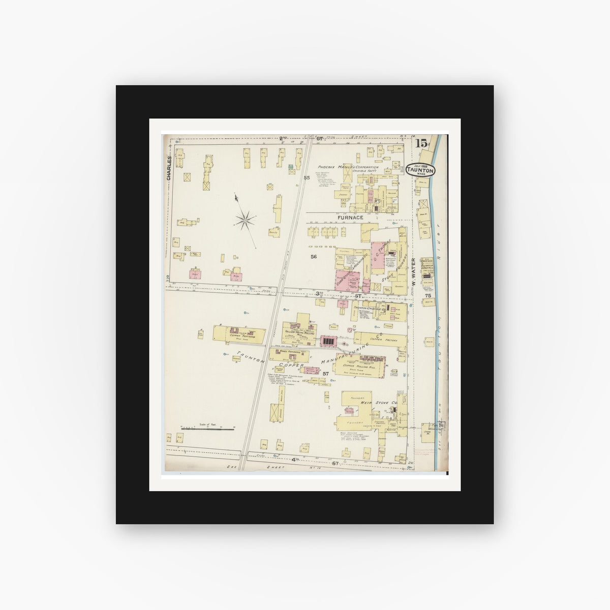 Old map wall art mockup — black gallery frame with white mat — Sanborn Fire Insurance Map from Taunton, Bristol County, Massachusetts (1888), Sheet #0015