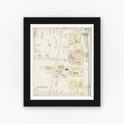 Old map wall art mockup — black gallery frame with white mat — Sanborn Fire Insurance Map from Taunton, Bristol County, Massachusetts (1888), Sheet #0015