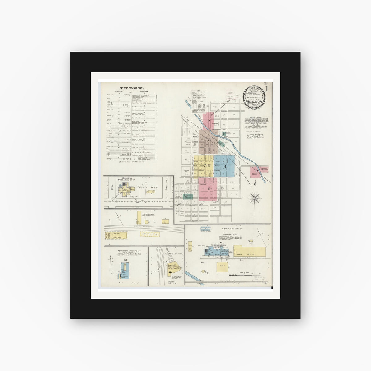 Old map wall art mockup — black gallery frame with white mat — Sanborn Fire Insurance Map from Weatherford, Parker County, Texas (1894) - Complete Map Set