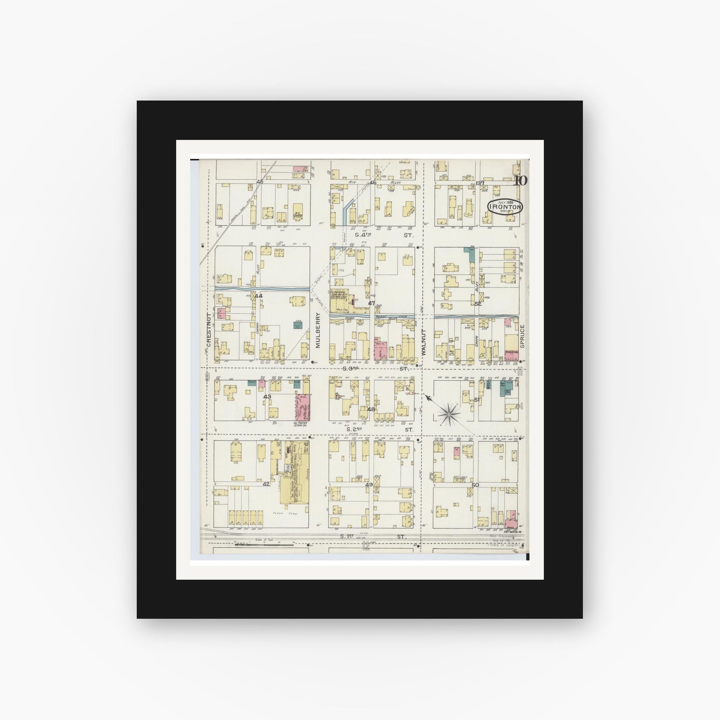 Old map wall art mockup — black gallery frame with white mat — Sanborn Fire Insurance Map from Ironton, Lawrence County, Ohio (1893), Sheet #0010