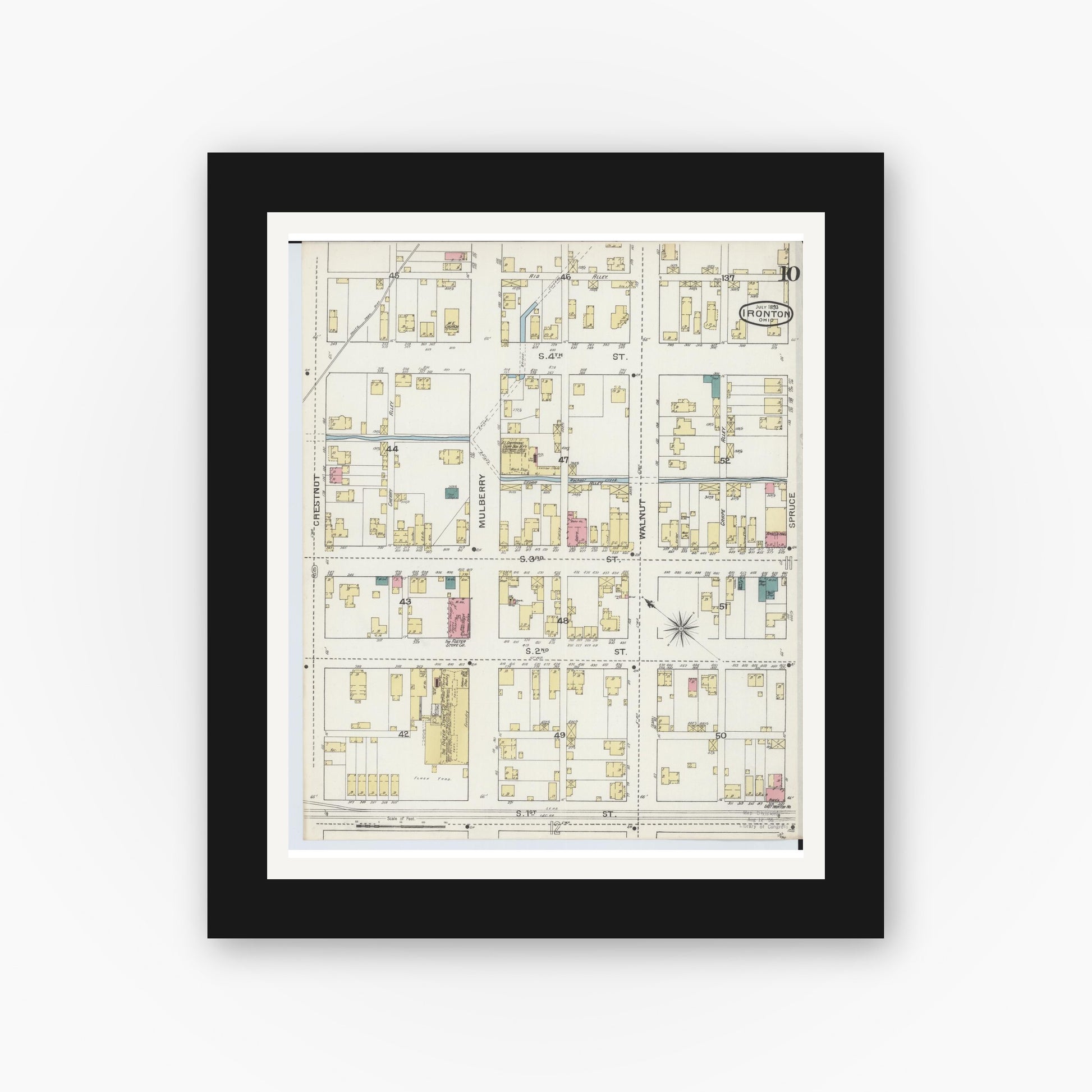Old map wall art mockup — black gallery frame with white mat — Sanborn Fire Insurance Map from Ironton, Lawrence County, Ohio (1893), Sheet #0010
