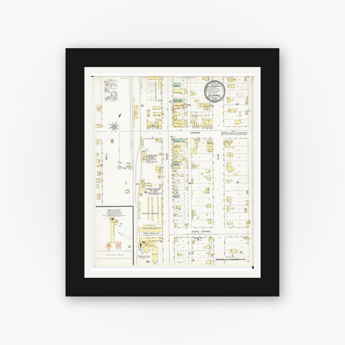 Old map wall art mockup — black gallery frame with white mat — Sanborn Fire Insurance Map from Gilman, Marshall County, Iowa (1895), Sheet #0001