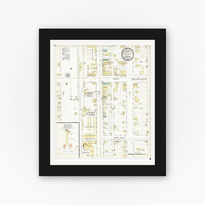 Old map wall art mockup — black gallery frame with white mat — Sanborn Fire Insurance Map from Gilman, Marshall County, Iowa (1895), Sheet #0001