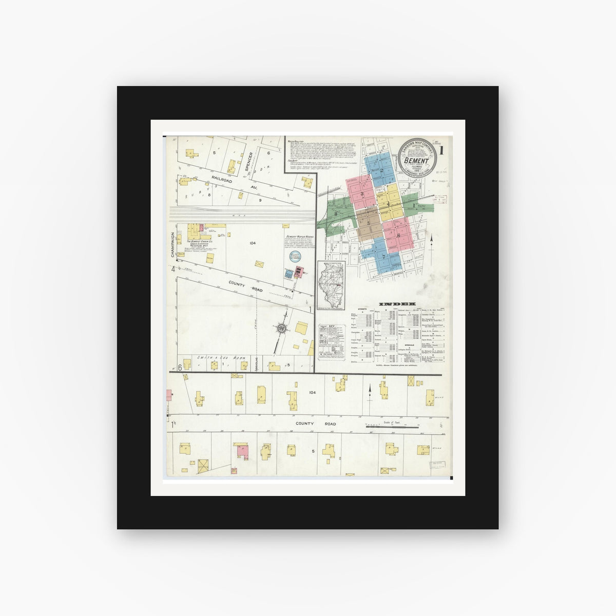 Old map wall art mockup — black gallery frame with white mat — Sanborn Fire Insurance Map from Bement, Piatt County, Illinois (1915) - Complete Map Set