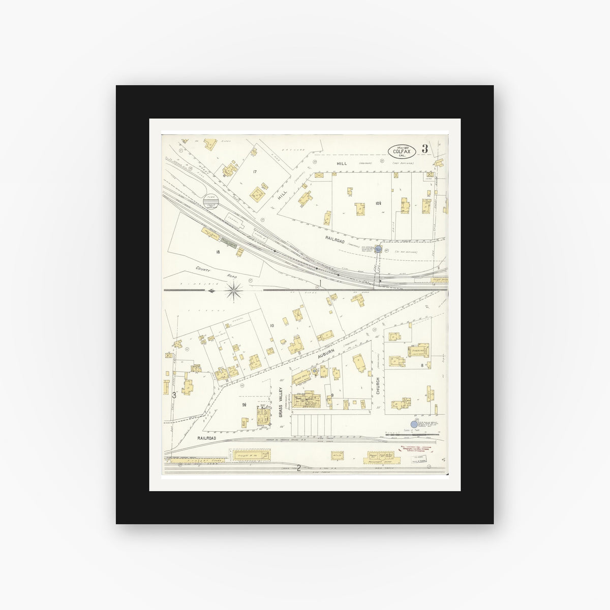 Old map wall art mockup — black gallery frame with white mat — Sanborn Fire Insurance Map from Colfax, Placer County, California (1907), Sheet #0003