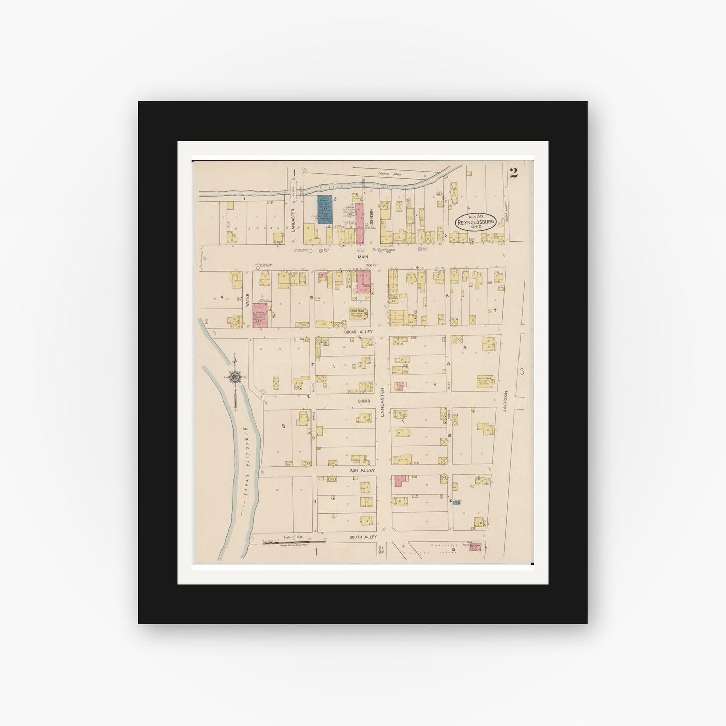 Old map wall art mockup — black gallery frame with white mat — Sanborn Fire Insurance Map from Reynoldsburg, Franklin County, Ohio (1922), Sheet #0002