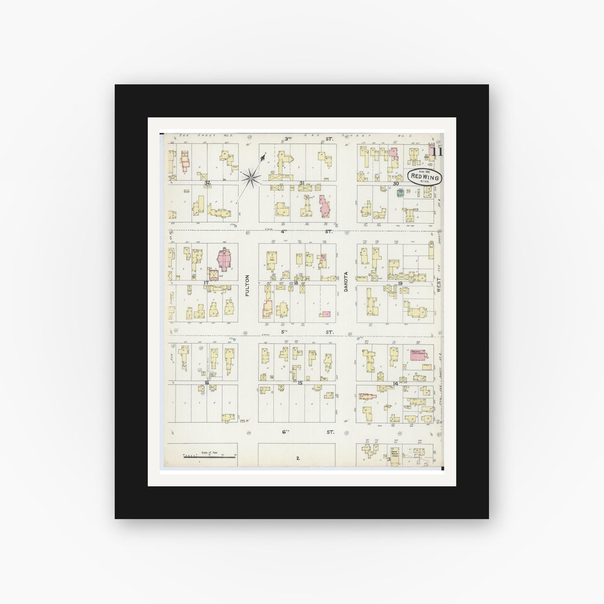 Old map wall art mockup — black gallery frame with white mat — Sanborn Fire Insurance Map from Red Wing, Goodhue County, Minnesota (1891), Sheet #0011