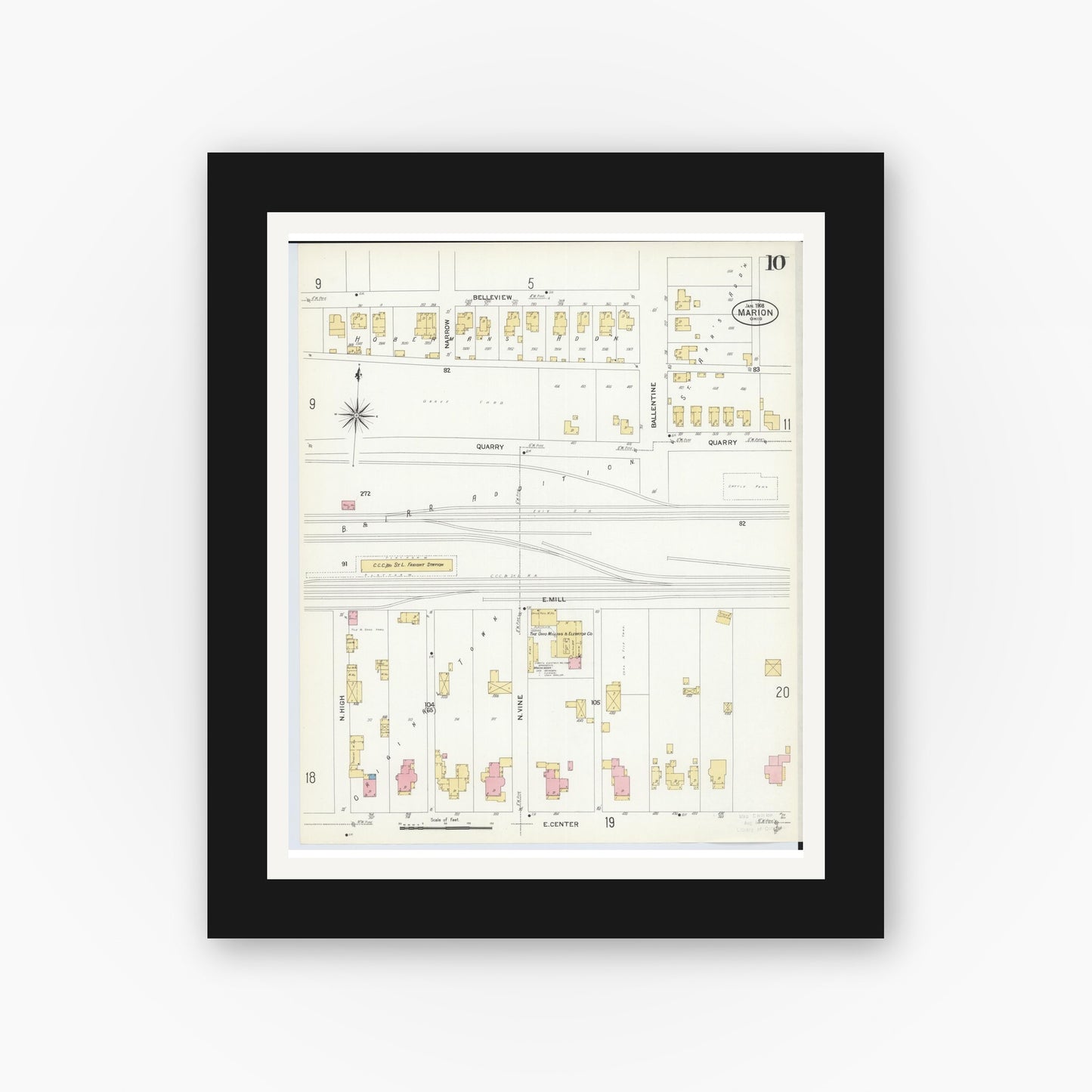 Old map wall art mockup — black gallery frame with white mat — Sanborn Fire Insurance Map from Marion, Marion County, Ohio (1908), Sheet #0010