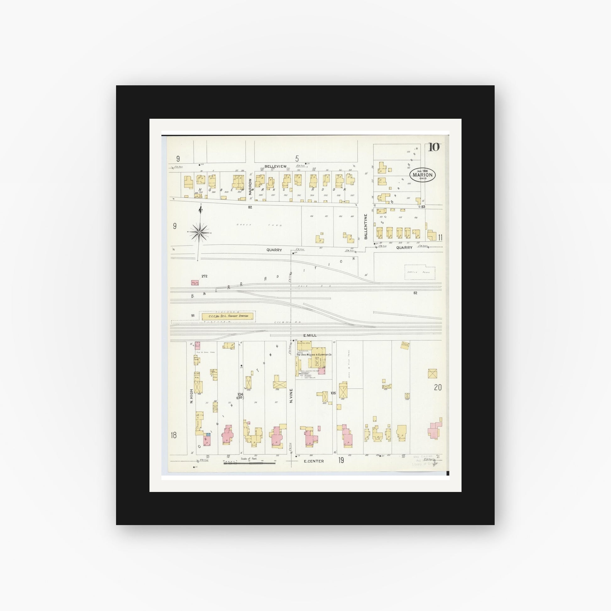 Old map wall art mockup — black gallery frame with white mat — Sanborn Fire Insurance Map from Marion, Marion County, Ohio (1908), Sheet #0010