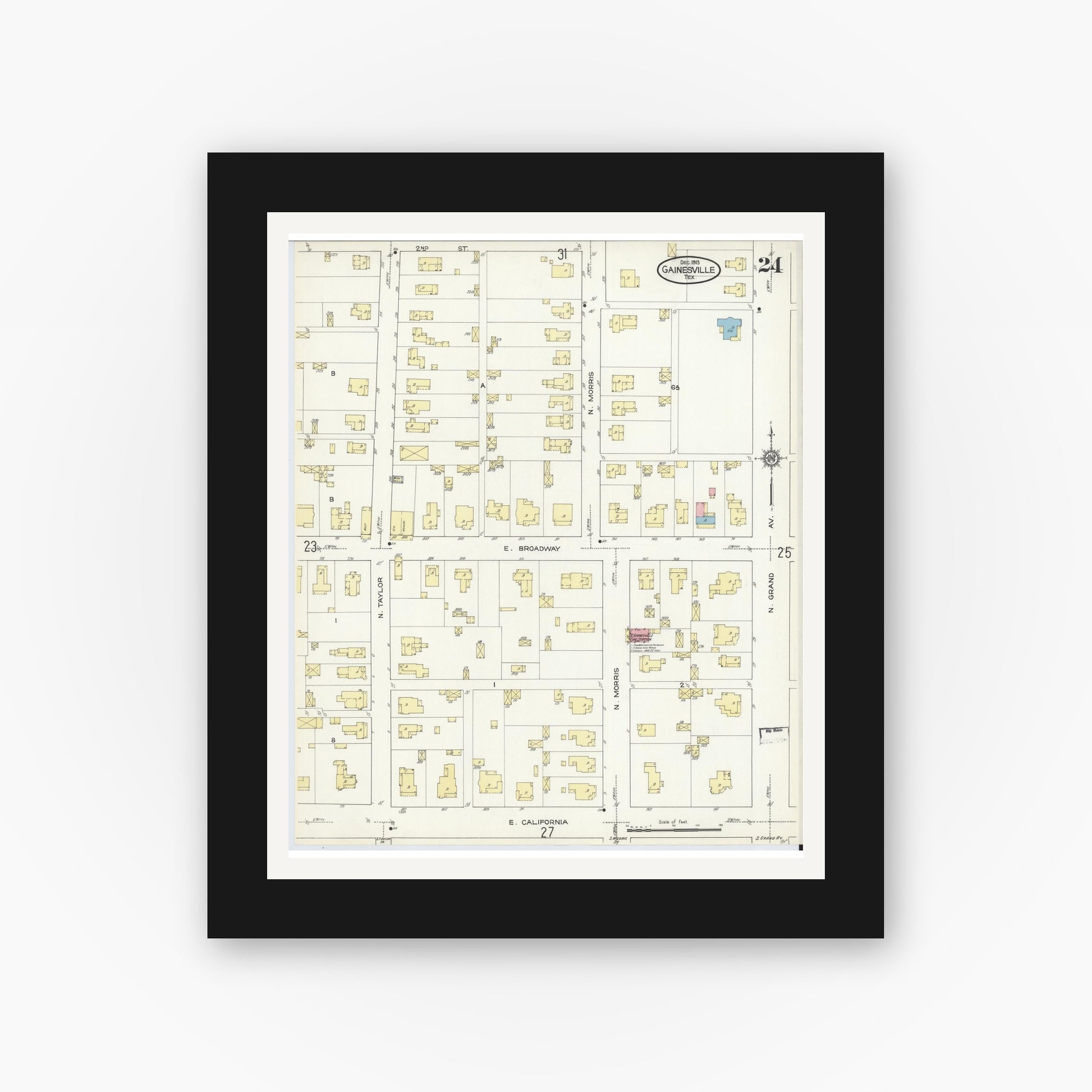 Old map wall art mockup — black gallery frame with white mat — Sanborn Fire Insurance Map from Gainesville, Cooke County, Texas (1913), Sheet #0024