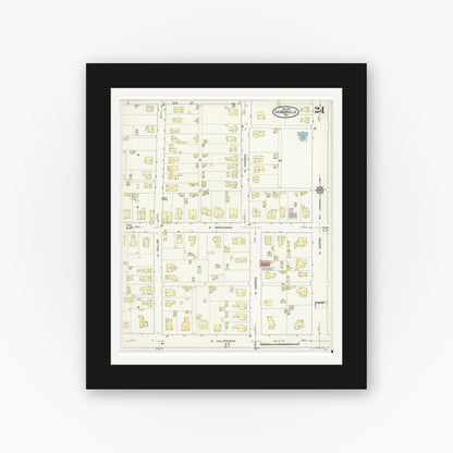 Old map wall art mockup — black gallery frame with white mat — Sanborn Fire Insurance Map from Gainesville, Cooke County, Texas (1913), Sheet #0024