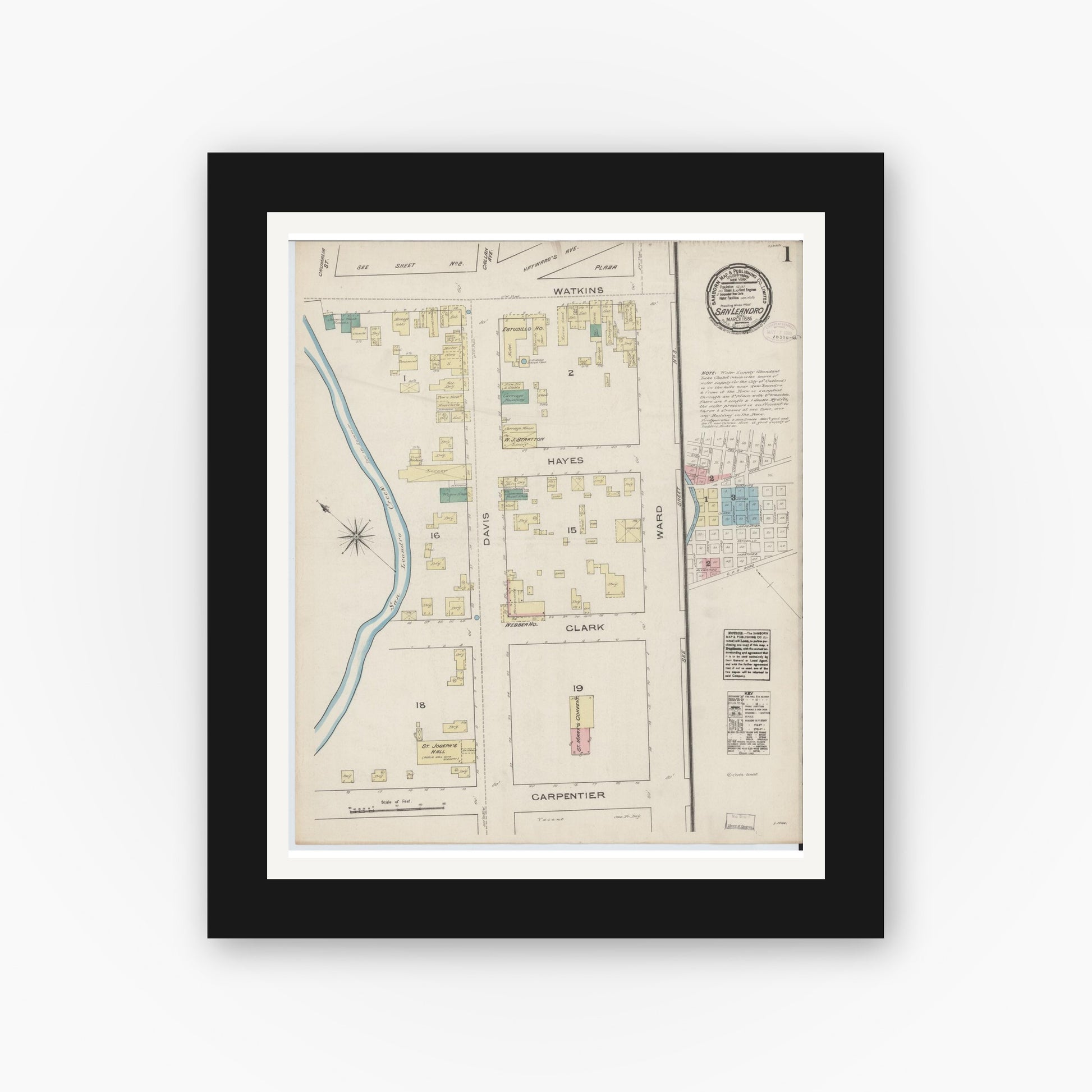 Old map wall art mockup — black gallery frame with white mat — Sanborn Fire Insurance Map from San Leandro, Alameda County, California (1885) - Complete Map Set