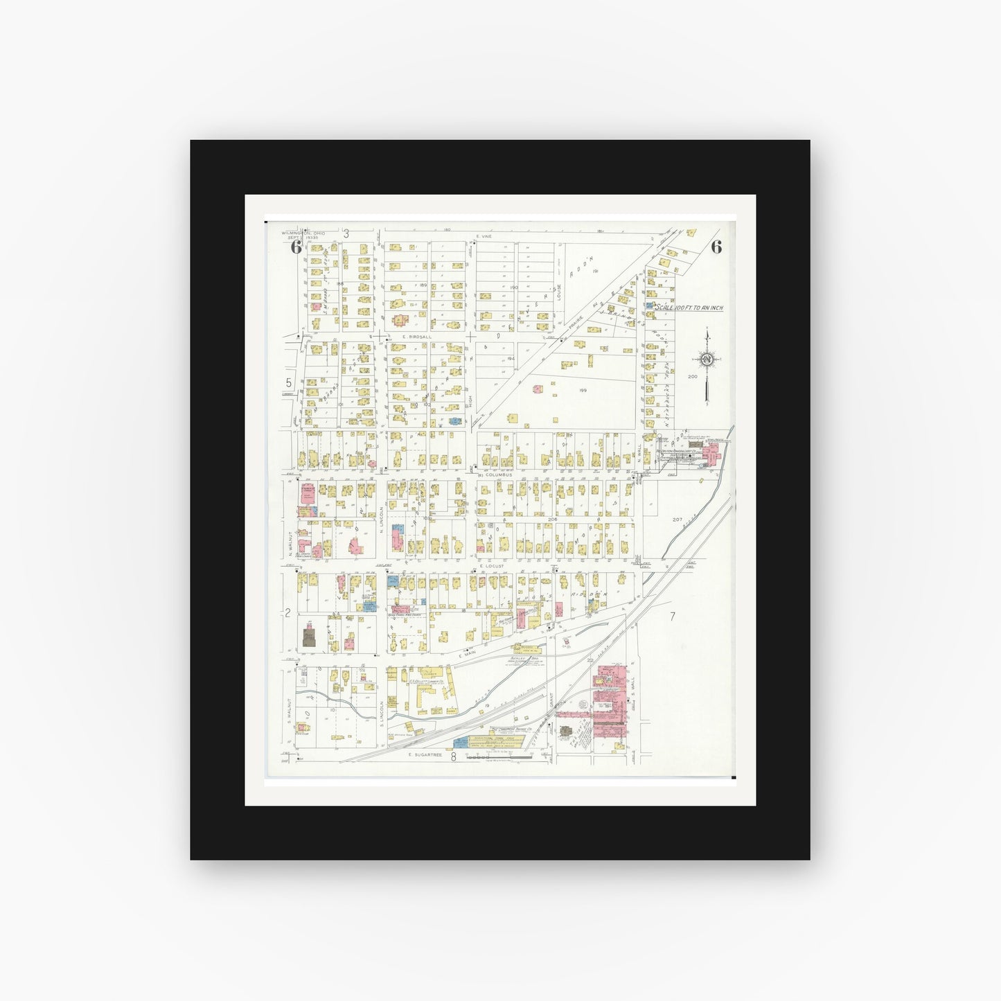Old map wall art mockup — black gallery frame with white mat — Sanborn Fire Insurance Map from Wilmington, Clinton County, Ohio (1933), Sheet #0006