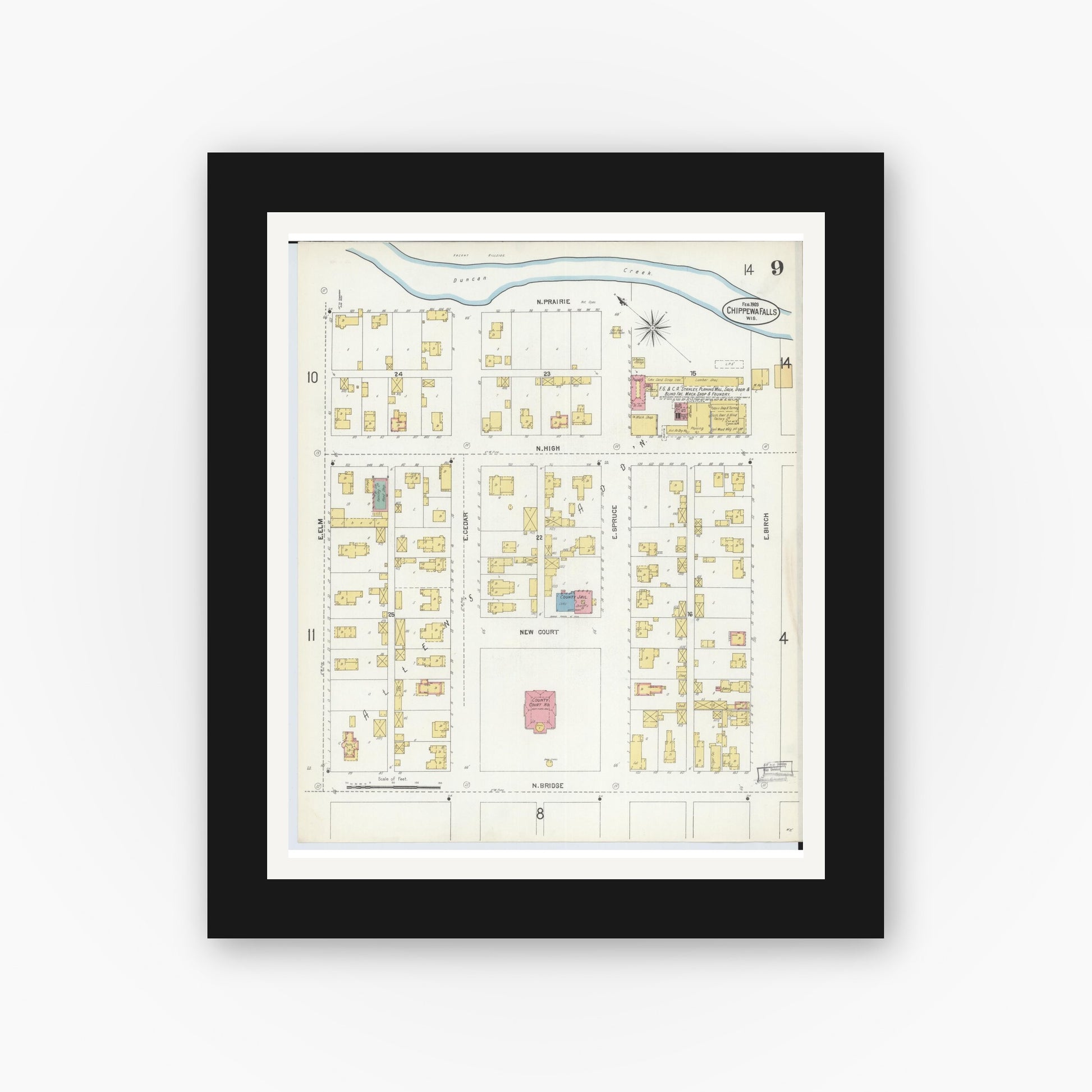 Old map wall art mockup — black gallery frame with white mat — Sanborn Fire Insurance Map from Chippewa Falls, Chippewa County, Wisconsin (1903), Sheet #0009