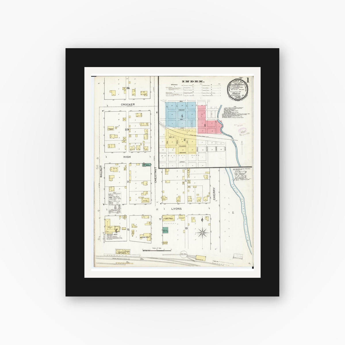 Old map wall art mockup — black gallery frame with white mat — Sanborn Fire Insurance Map from Avoca, Pottawattamie County, Iowa (1893), Sheet #0001