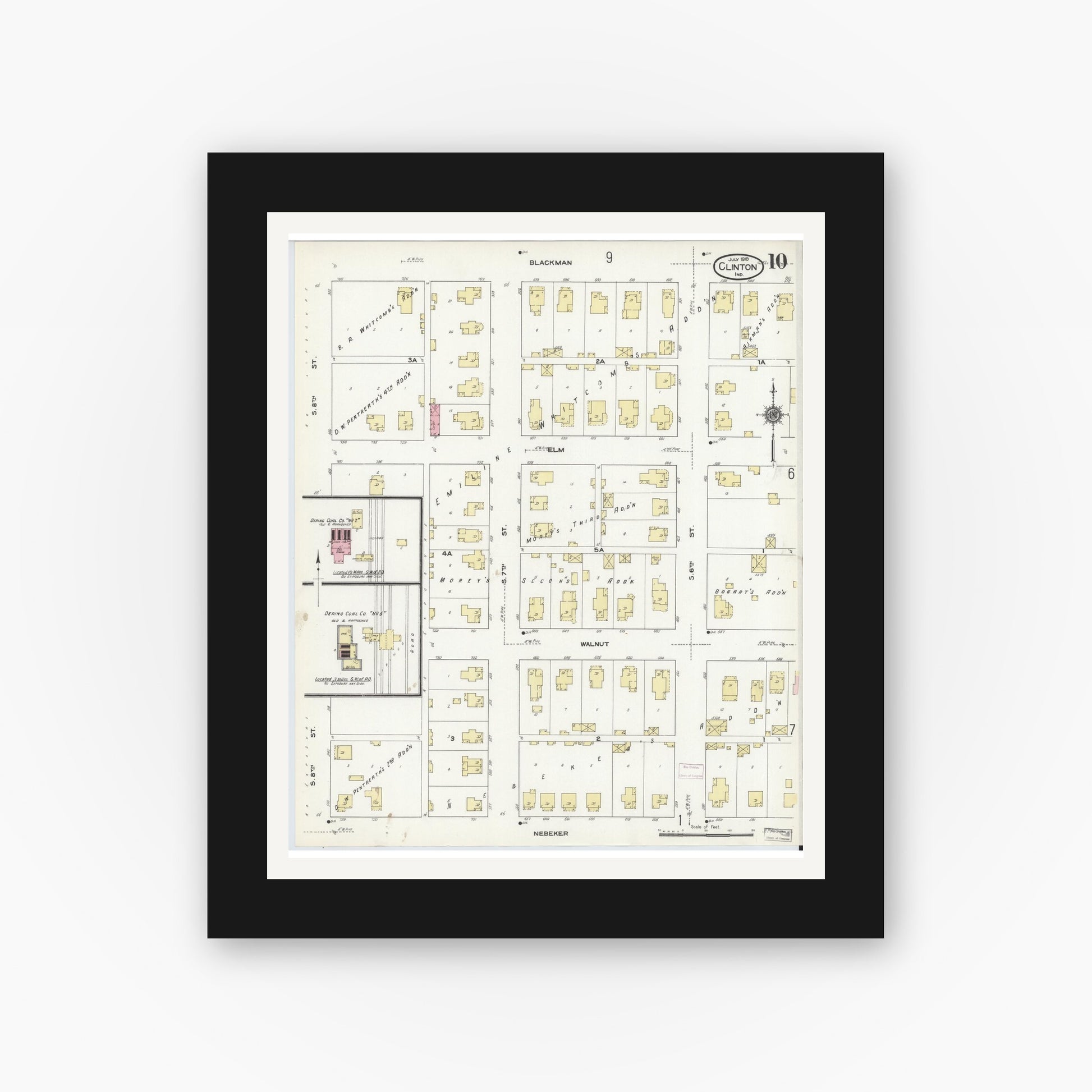 Old map wall art mockup — black gallery frame with white mat — Sanborn Fire Insurance Map from Clinton, Vermillion County, Indiana (1910), Sheet #0010