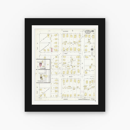 Old map wall art mockup — black gallery frame with white mat — Sanborn Fire Insurance Map from Clinton, Vermillion County, Indiana (1910), Sheet #0010