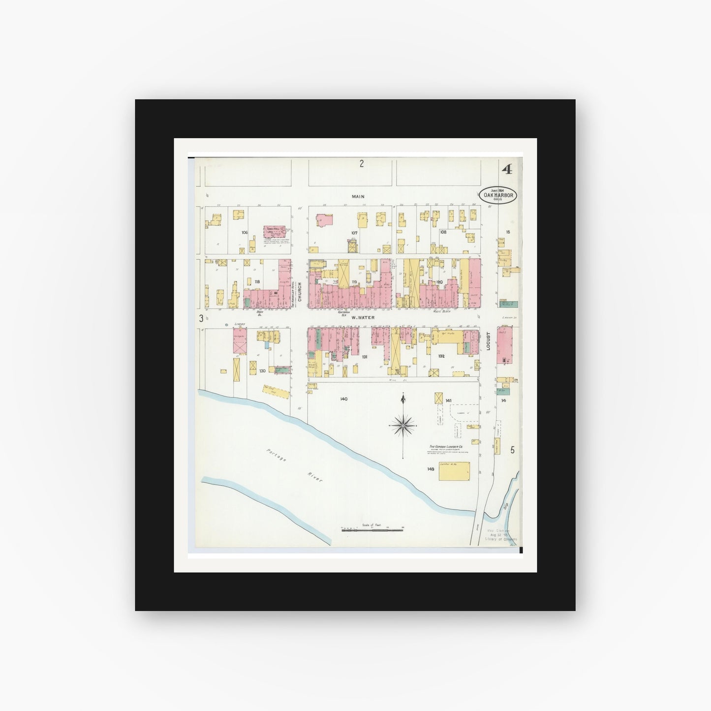 Old map wall art mockup — black gallery frame with white mat — Sanborn Fire Insurance Map from Oak Harbor, Ottawa County, Ohio (1904), Sheet #0004